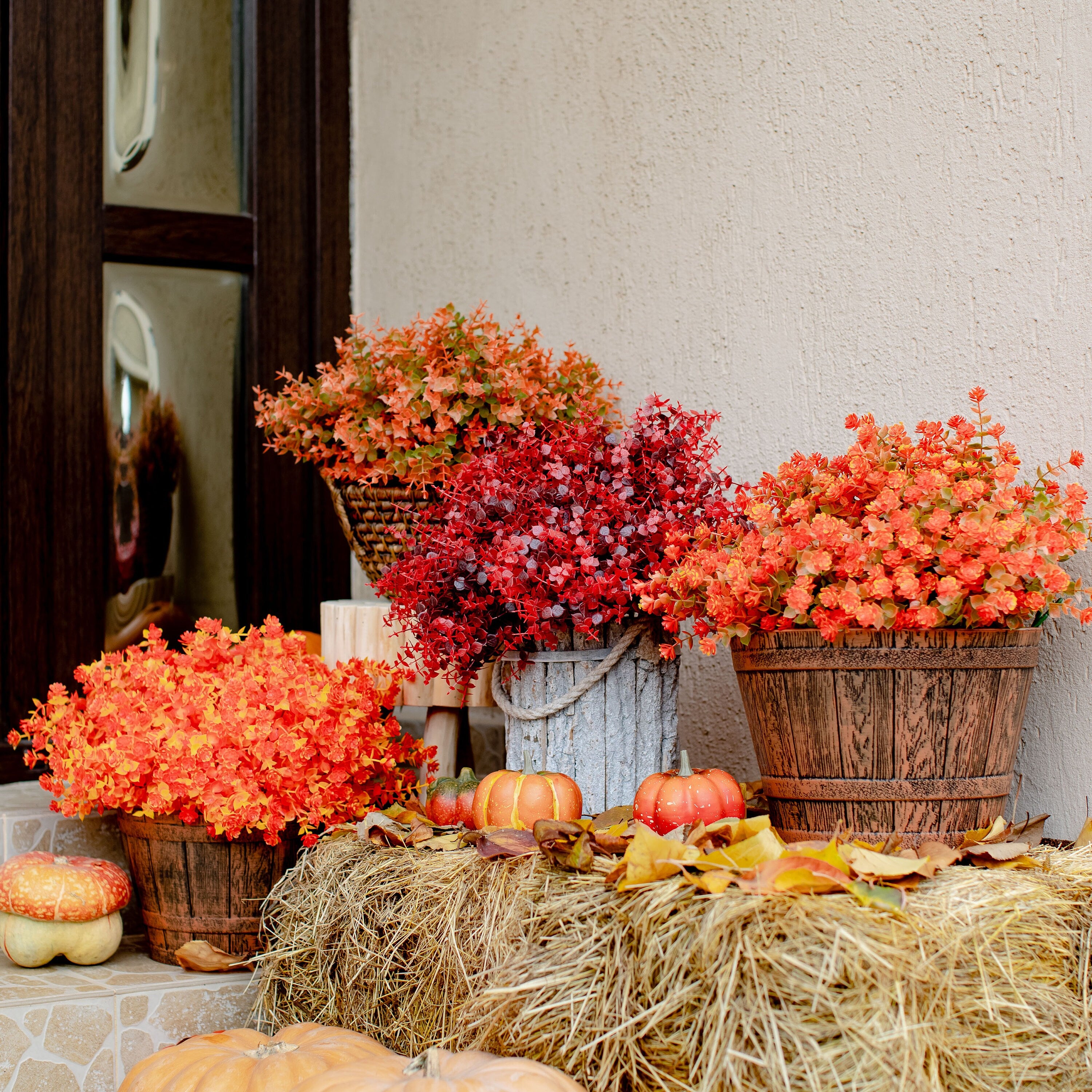 Artificial Mums Flowers: UV Resistant Orange & Yellow Outdoor Plants
