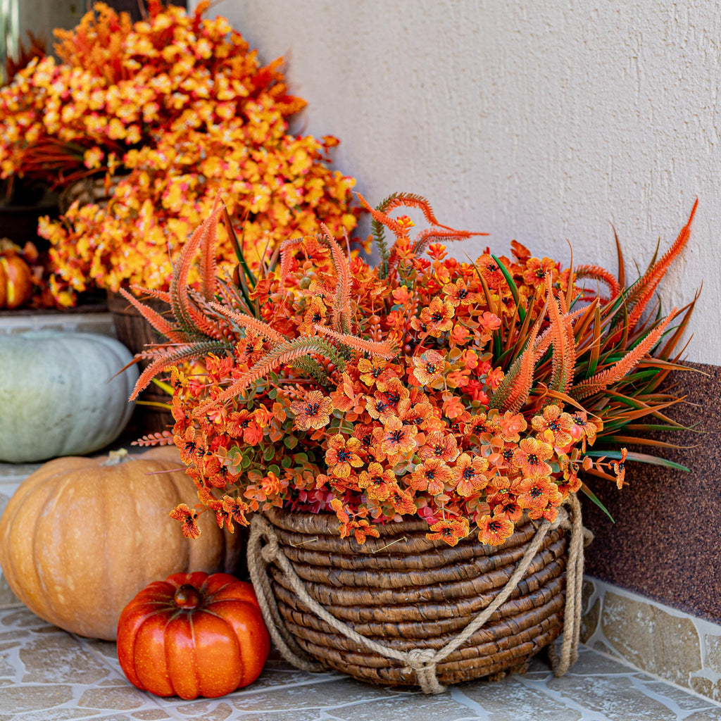 Artificial Mums Flowers: UV Resistant Outdoor Fall Decor - Orange & Green