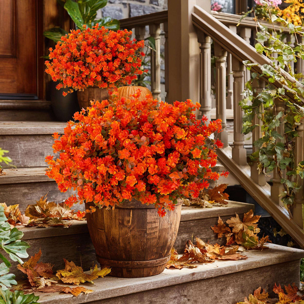 UV Resistant Artificial Mums: Outdoor Fake Flowers, Green & Orange