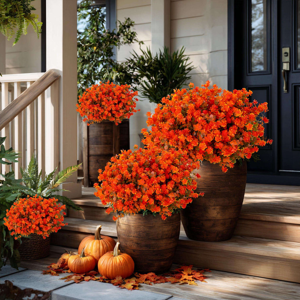 UV Resistant Artificial Mums: Outdoor Fake Flowers, Green & Orange