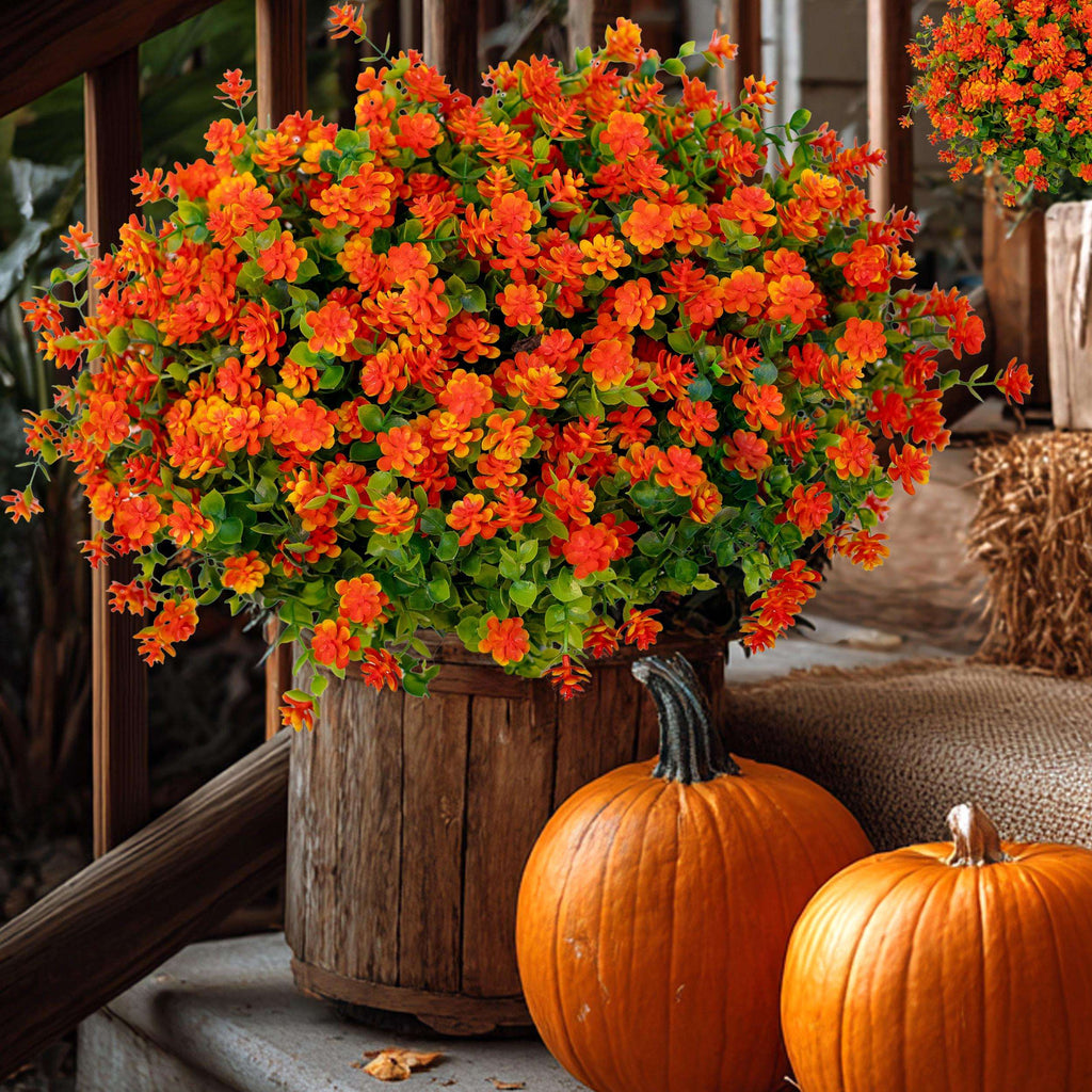 Artificial Mums Flowers: UV Resistant Orange Faux Shrubs