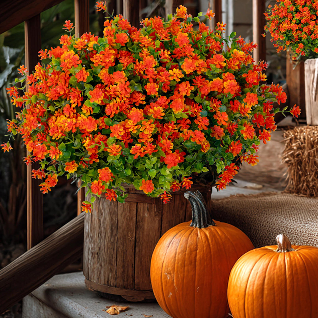 Artificial Mums Flowers: UV Resistant Orange Faux Shrubs