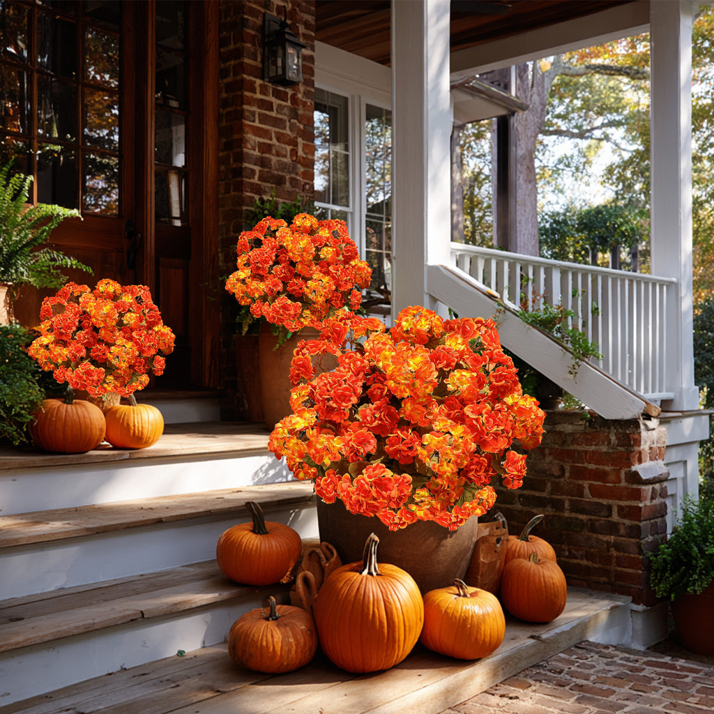 AXYLEX Artificial Geraniums for Outdoors, Fall Orange Yellow Mix 8 bundles UV resistant silk fall geraniums & mums, no fade – porch, patio, window box, garden & home autumn decor