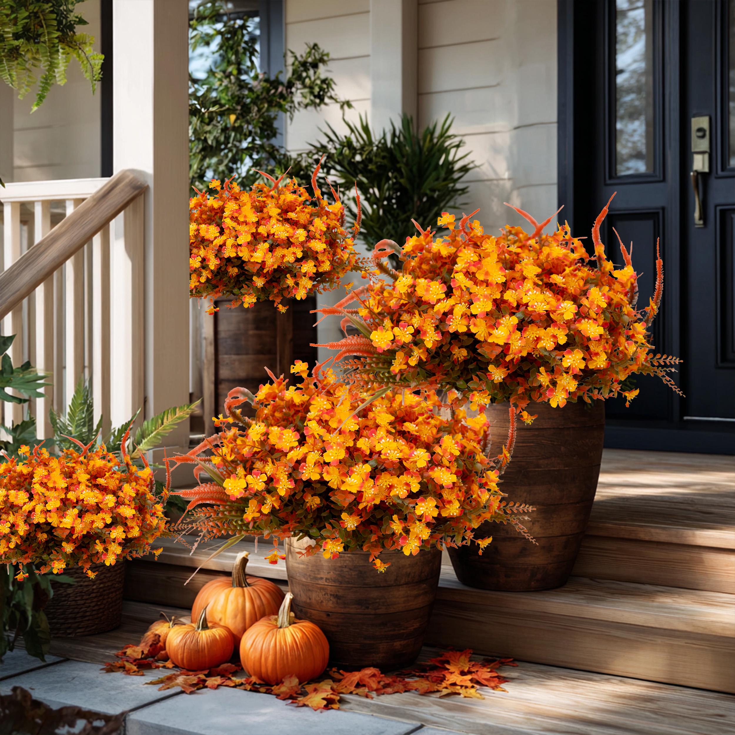 Artificial Mums Flowers: UV Resistant Outdoor Fall Decor - Orange & Green