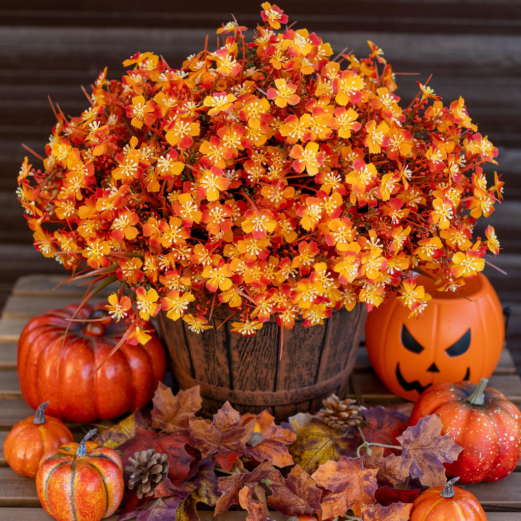 Artificial Mums Flowers: UV Resistant Outdoor Fall Decor - Orange & Green