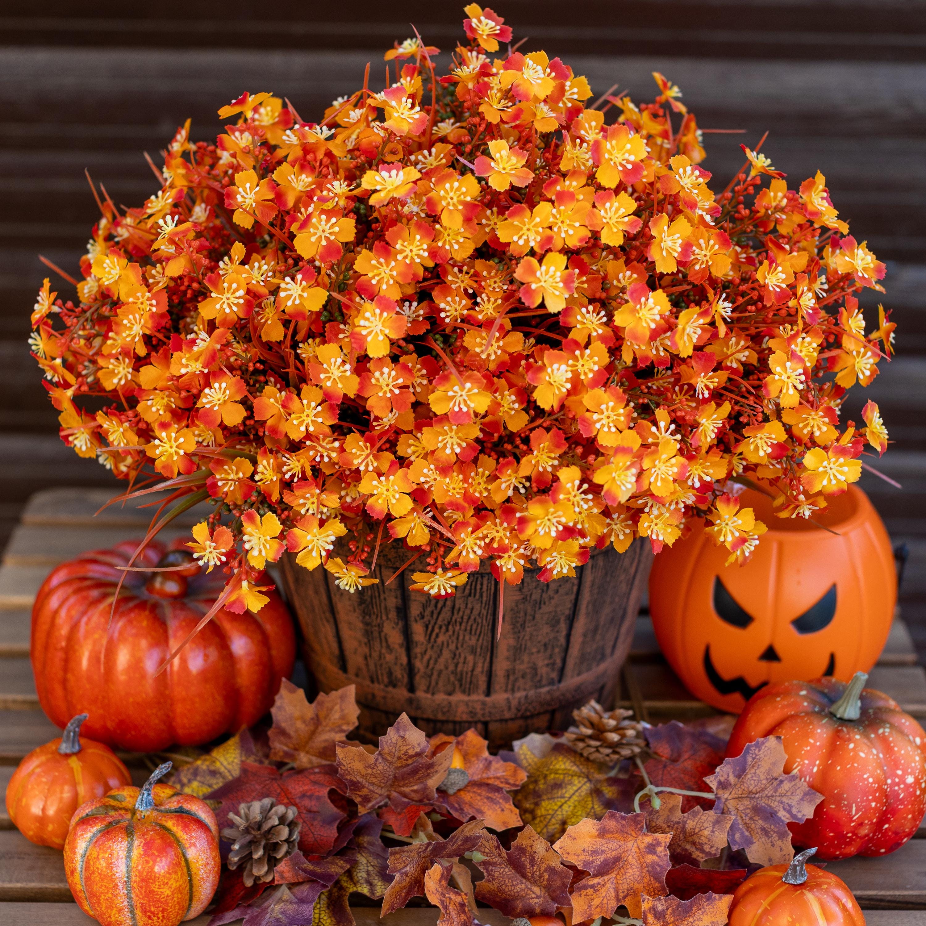 Artificial Mums Flowers: UV Resistant Outdoor Fall Decor - Orange & Green