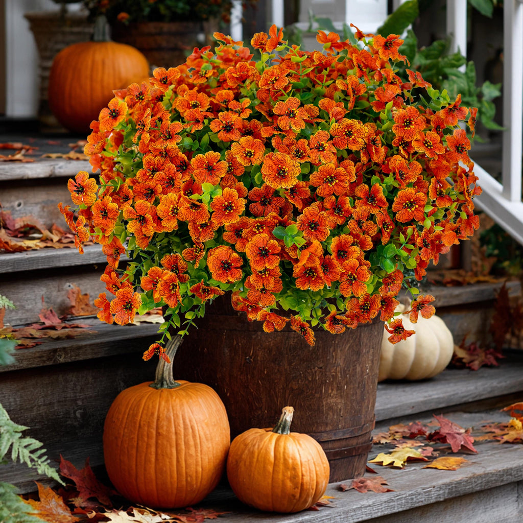 Artificial Mums Flowers: UV Resistant Red-Orange Fall Decor