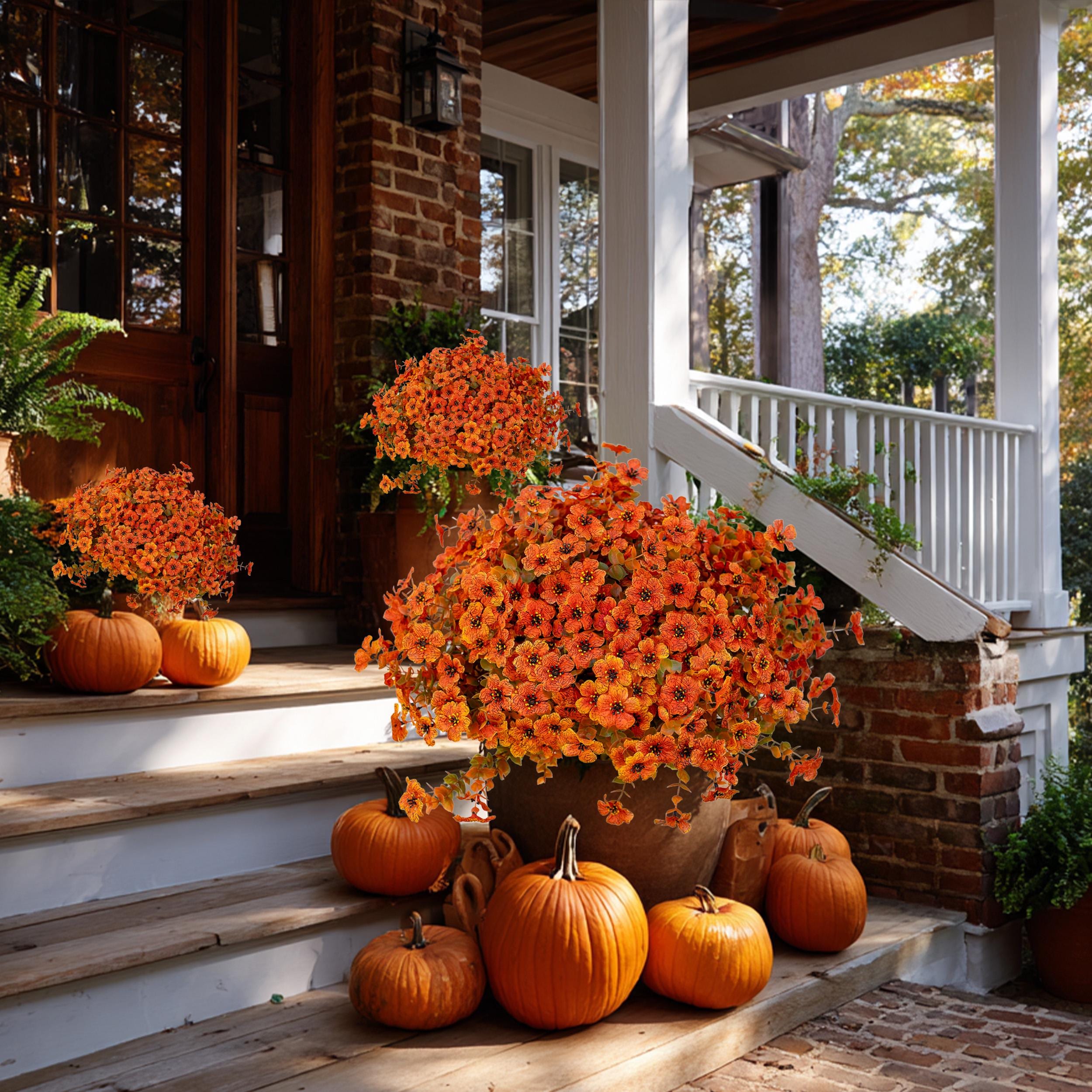 Artificial Mums Flowers: UV Resistant Outdoor Fall Decor - Green & Orange