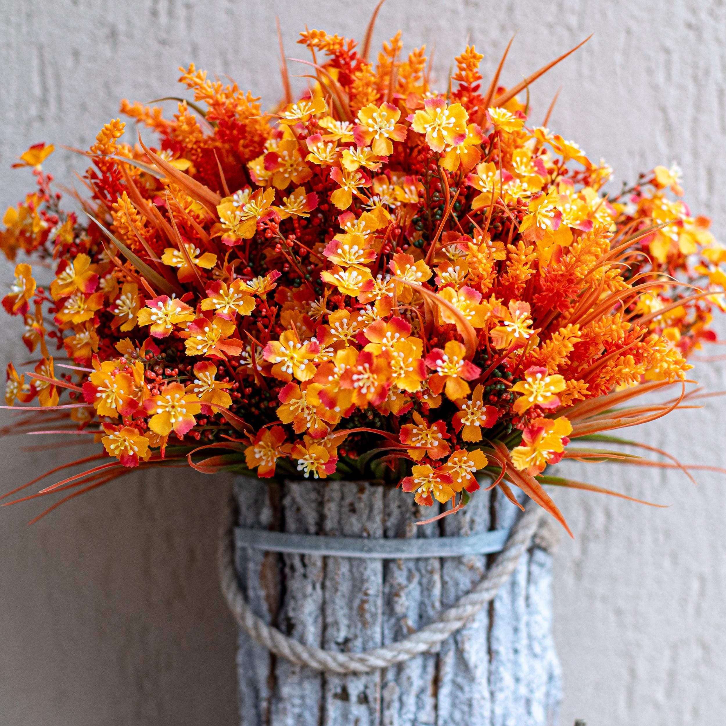 Artificial Mums Flowers: UV Resistant Orange Fall Decor, 16 Bundles
