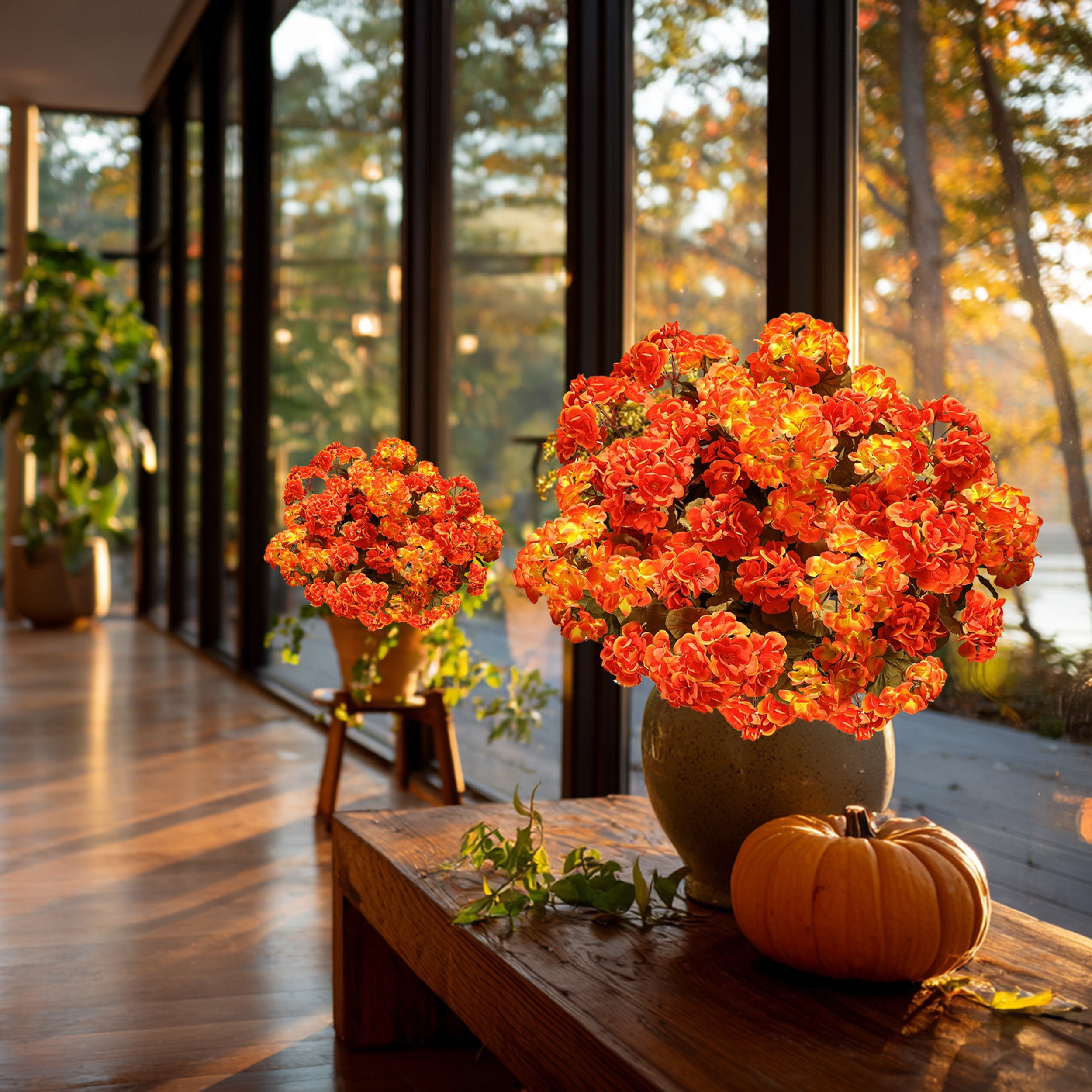 AXYLEX Artificial Geraniums for Outdoors, Fall Orange Yellow Mix 8 bundles UV resistant silk fall geraniums & mums, no fade – porch, patio, window box, garden & home autumn decor
