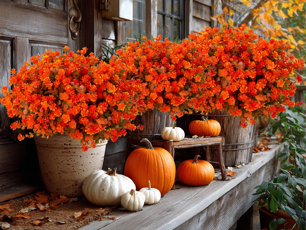 UV Resistant Artificial Mums: Outdoor Fake Flowers, Green & Orange