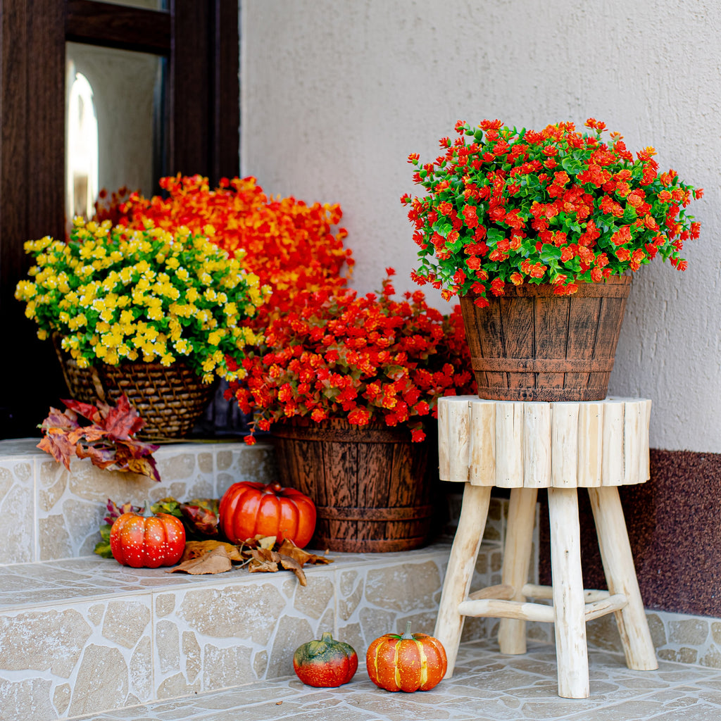 Artificial Mums Flowers: UV Resistant Orange Faux Shrubs
