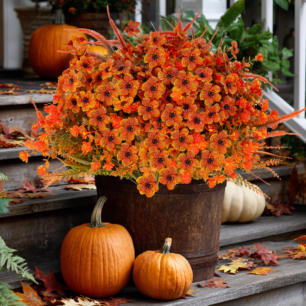 Artificial Mums Flowers: UV Resistant Outdoor Fall Decor - Orange & Green