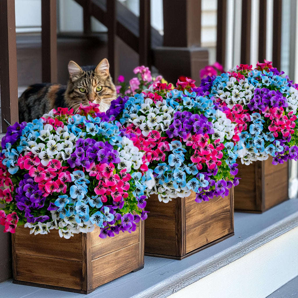 UV Resistant Artificial Pansies: Multi Color Faux Outdoor Flowers