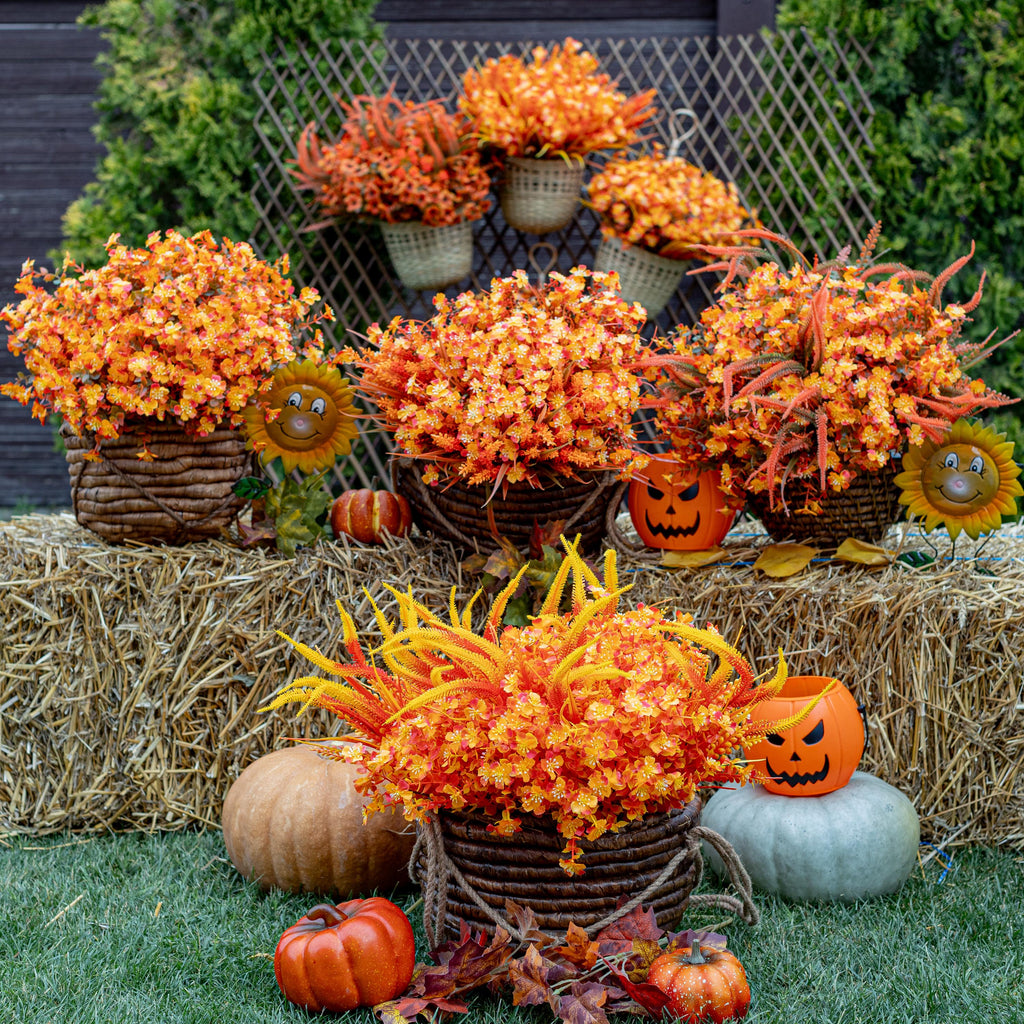 Artificial Mums Flowers: 16 Bundles Orange Yellow Fall Decor