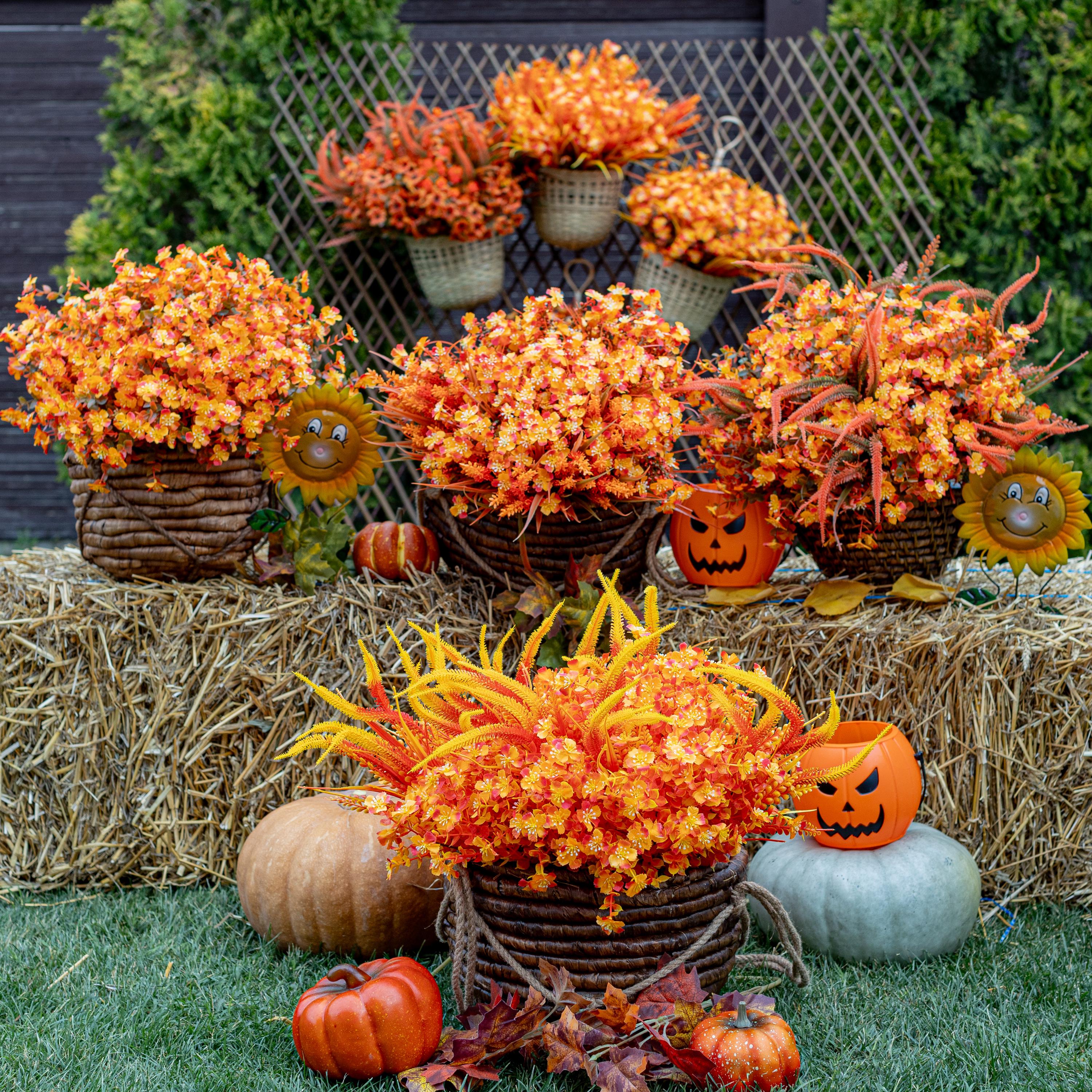 Artificial Mums Flowers: 16 Bundles Orange Yellow Fall Decor