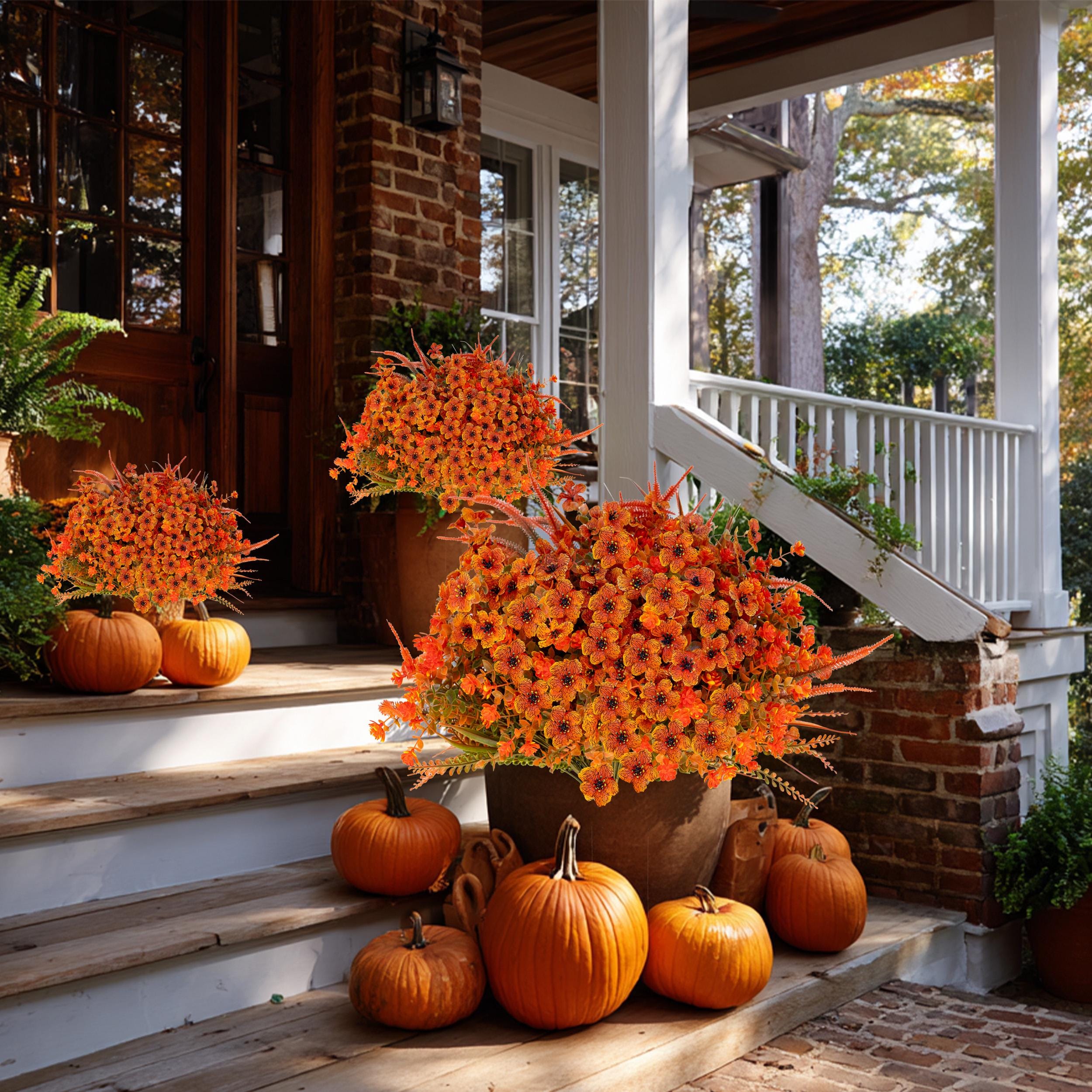 Artificial Mums Flowers: UV Resistant Outdoor Fall Decor - Orange & Green