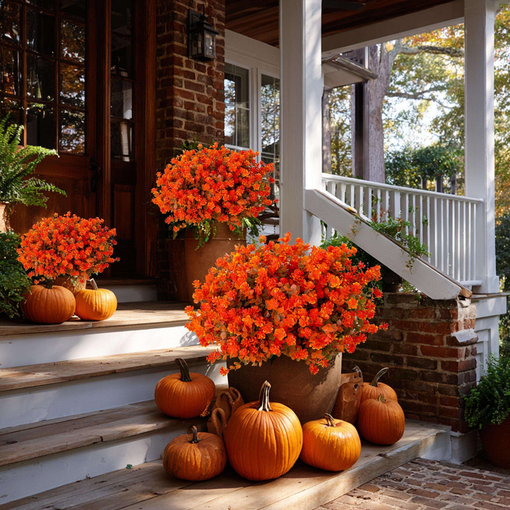 UV Resistant Artificial Mums: Orange & Green Outdoor Fake Flowers