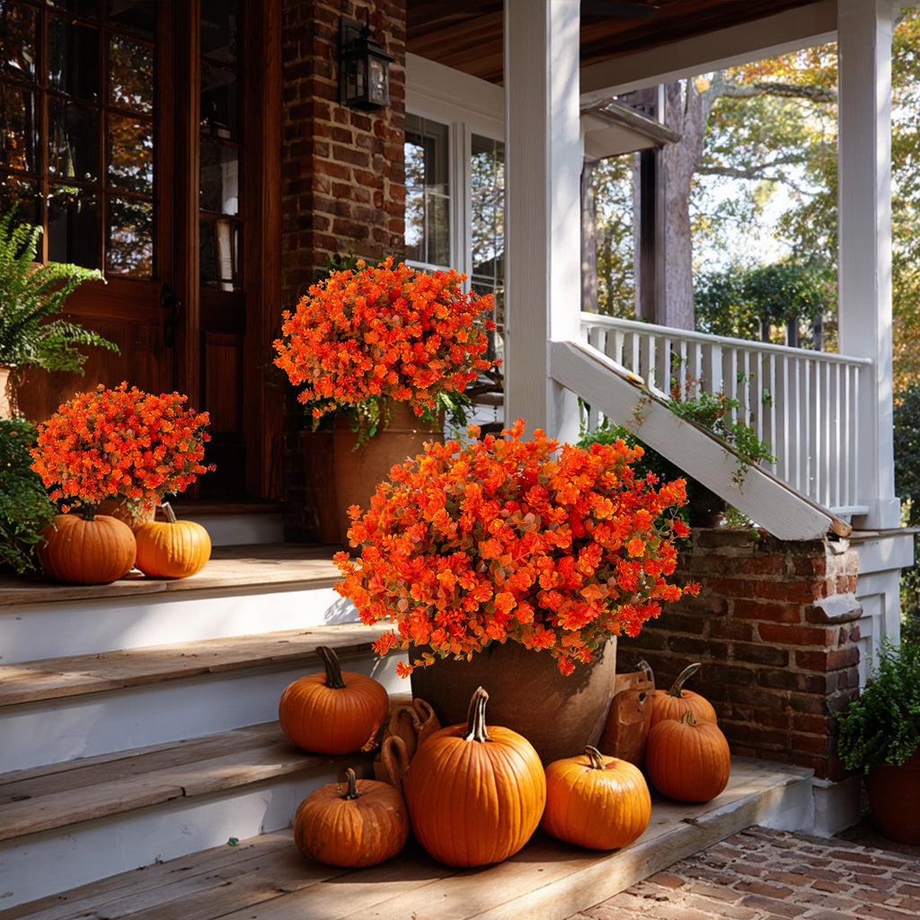 UV Resistant Artificial Mums: Orange & Green Outdoor Fake Flowers