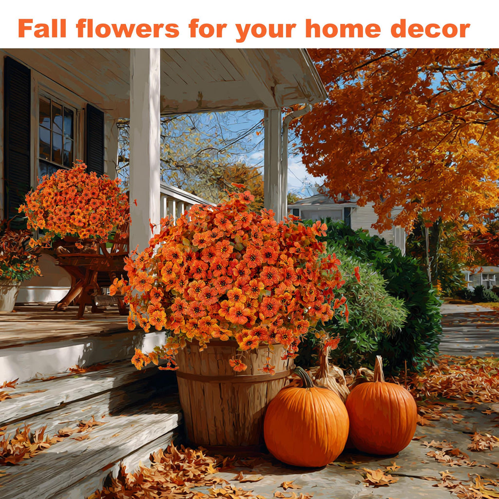 Artificial Mums Flowers: UV Resistant Outdoor Fall Decor - Green & Orange