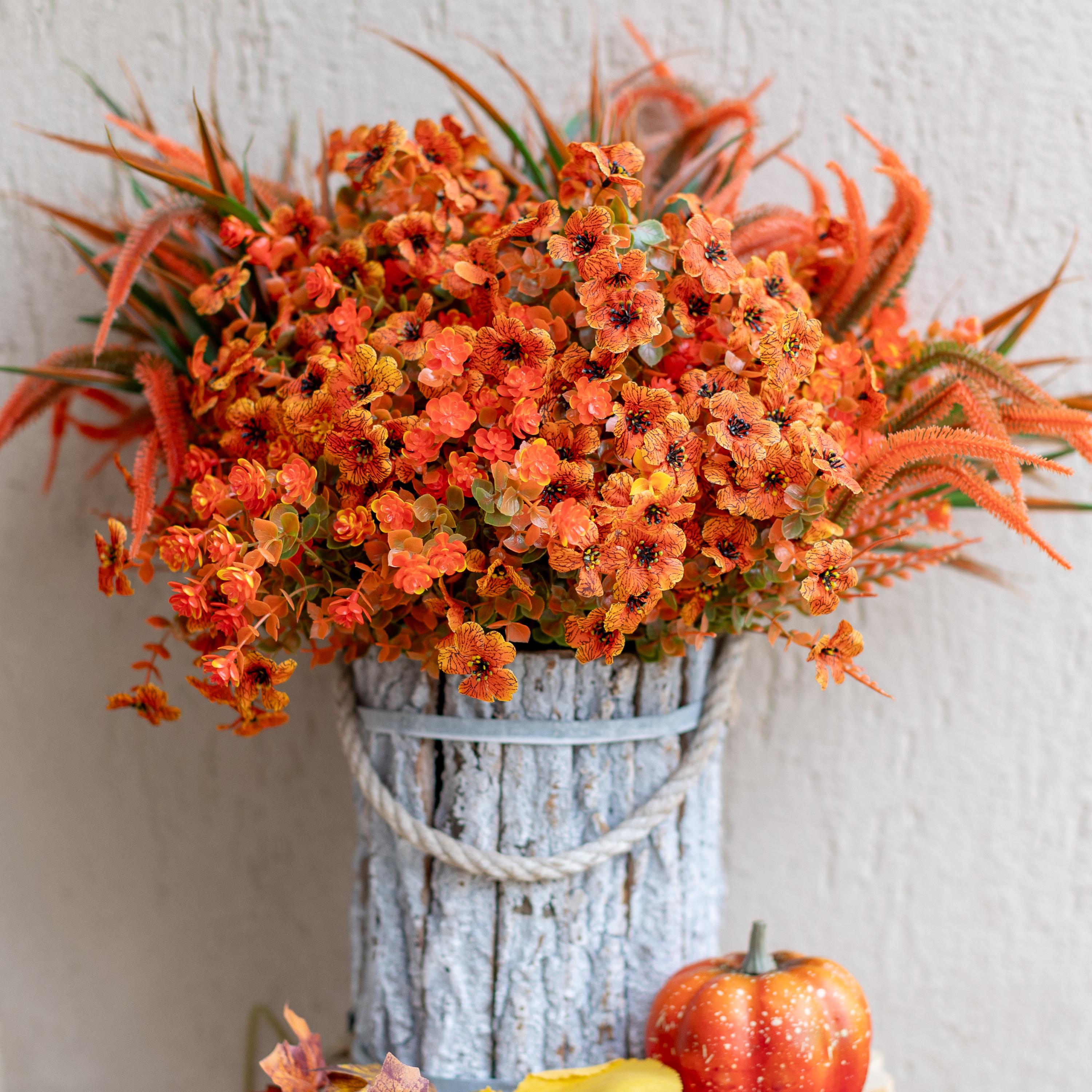 Artificial Mums Flowers: UV Resistant Outdoor Fall Decor - Orange & Green