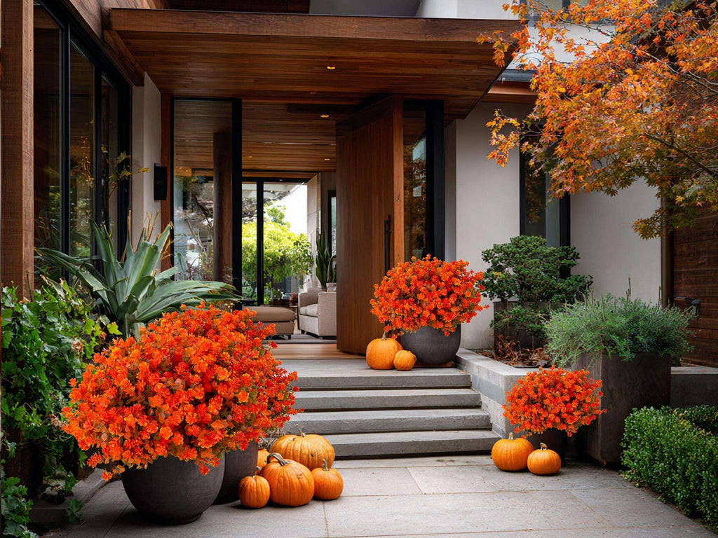 UV Resistant Artificial Mums: Outdoor Fake Flowers, Green & Orange