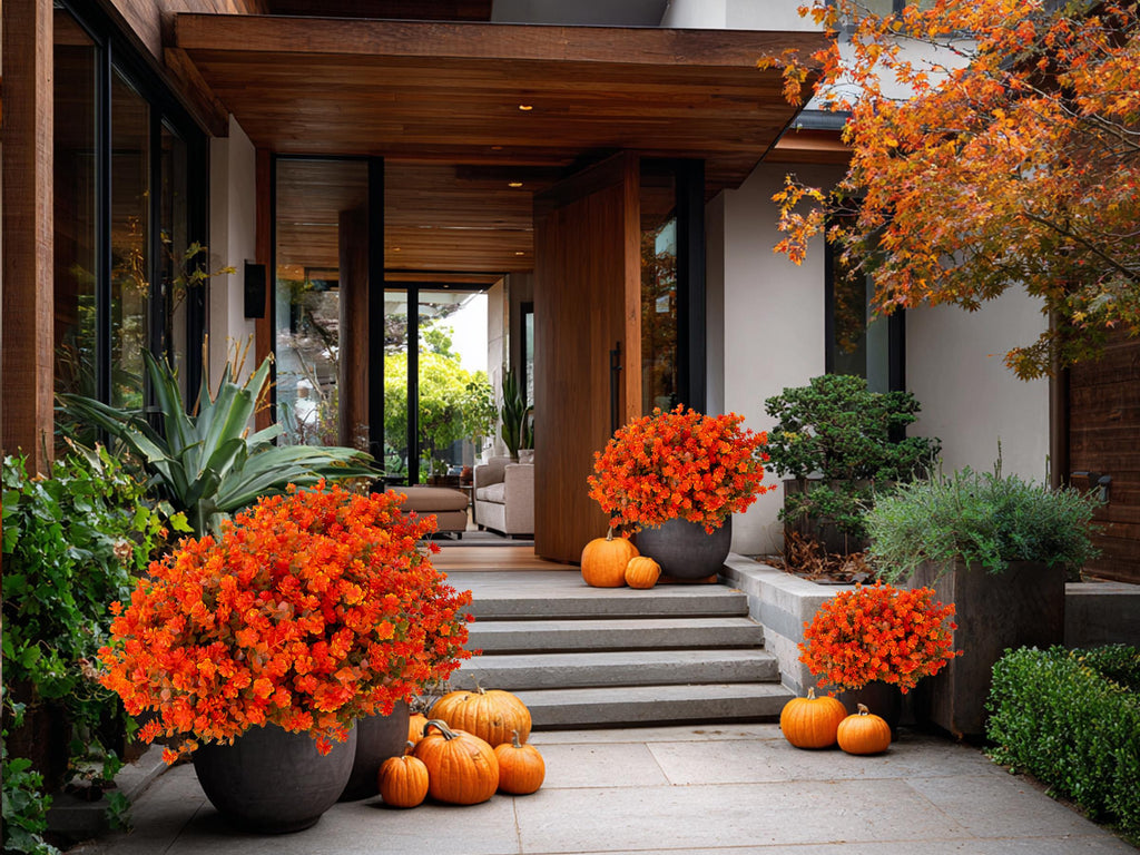 UV Resistant Artificial Mums: Outdoor Fake Flowers, Green & Orange