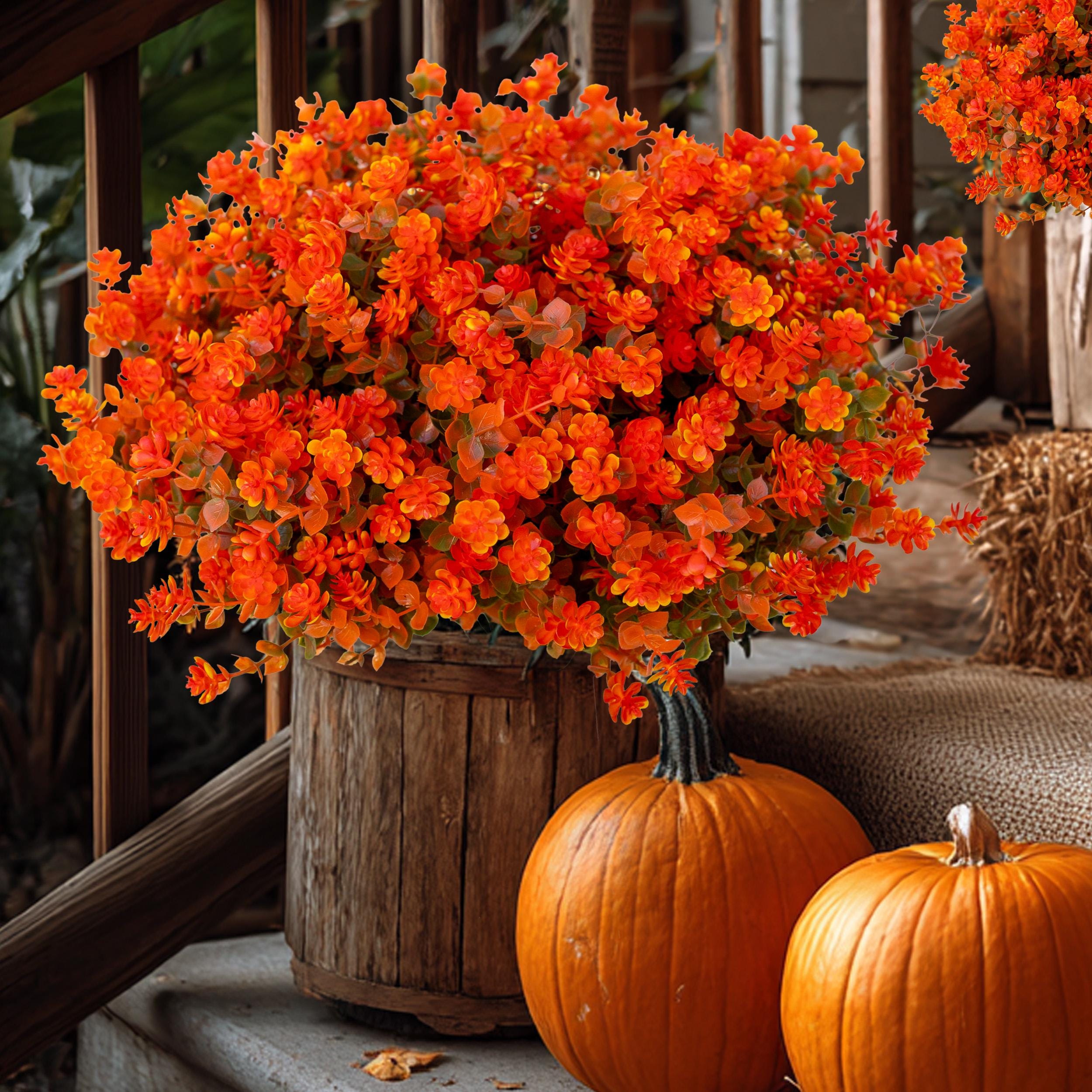UV Resistant Artificial Mums: Orange & Green Outdoor Fake Flowers