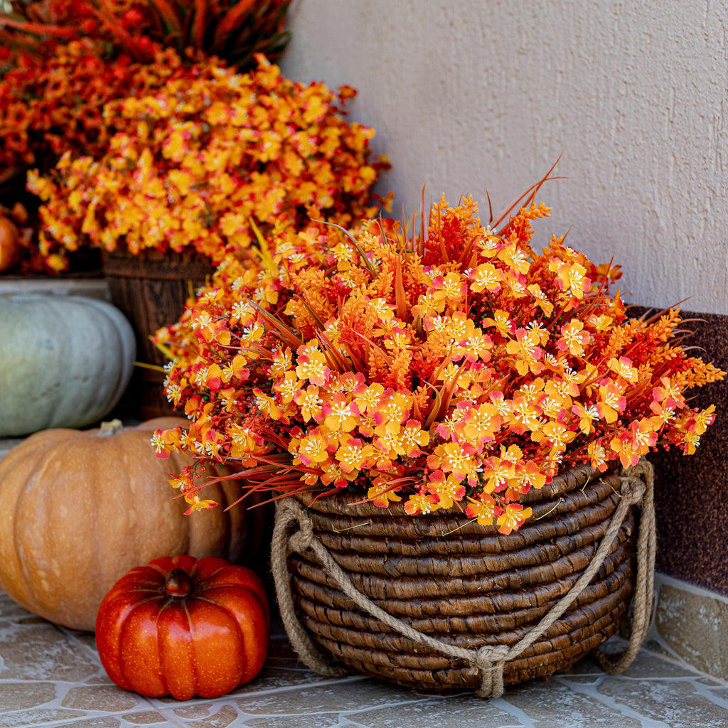 Artificial Mums Flowers: UV Resistant Orange Fall Decor, 16 Bundles