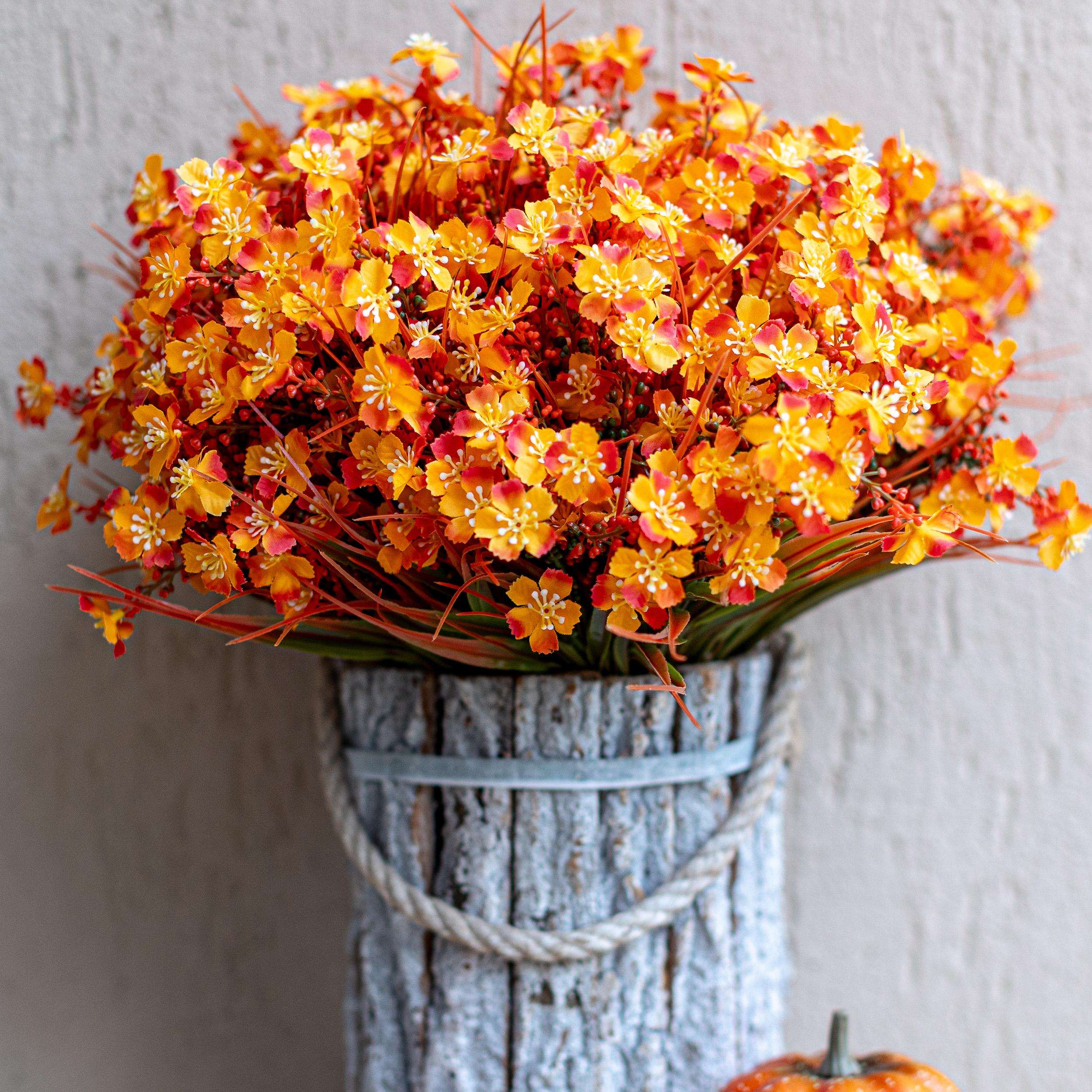 Artificial Mums Flowers: UV Resistant Outdoor Fall Decor - Orange & Green