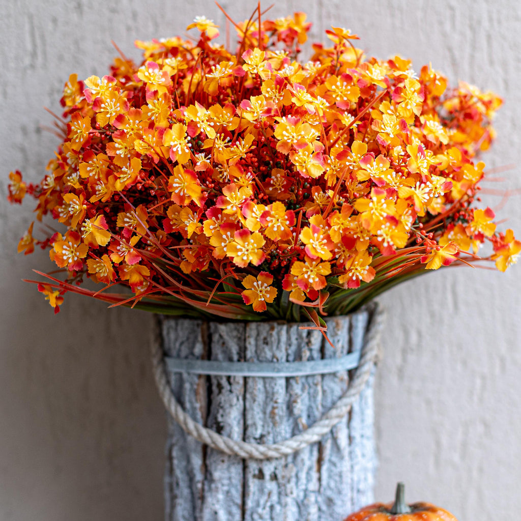 Artificial Mums Flowers: UV Resistant Outdoor Fall Decor - Orange & Green