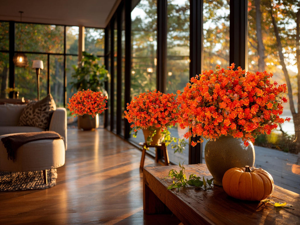 UV Resistant Artificial Mums: Outdoor Fake Flowers, Green & Orange