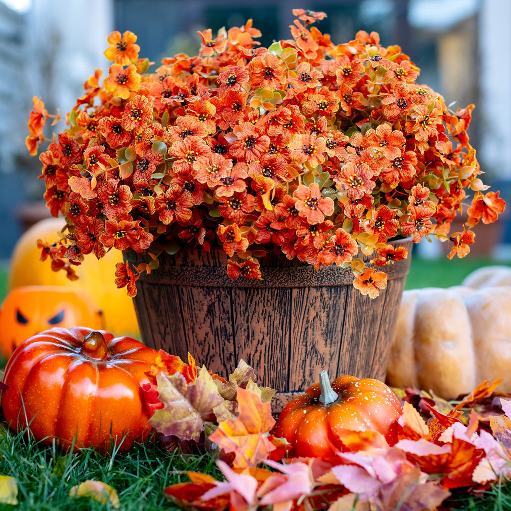 Artificial Mums Flowers: UV Resistant Outdoor Fall Decor - Green & Orange