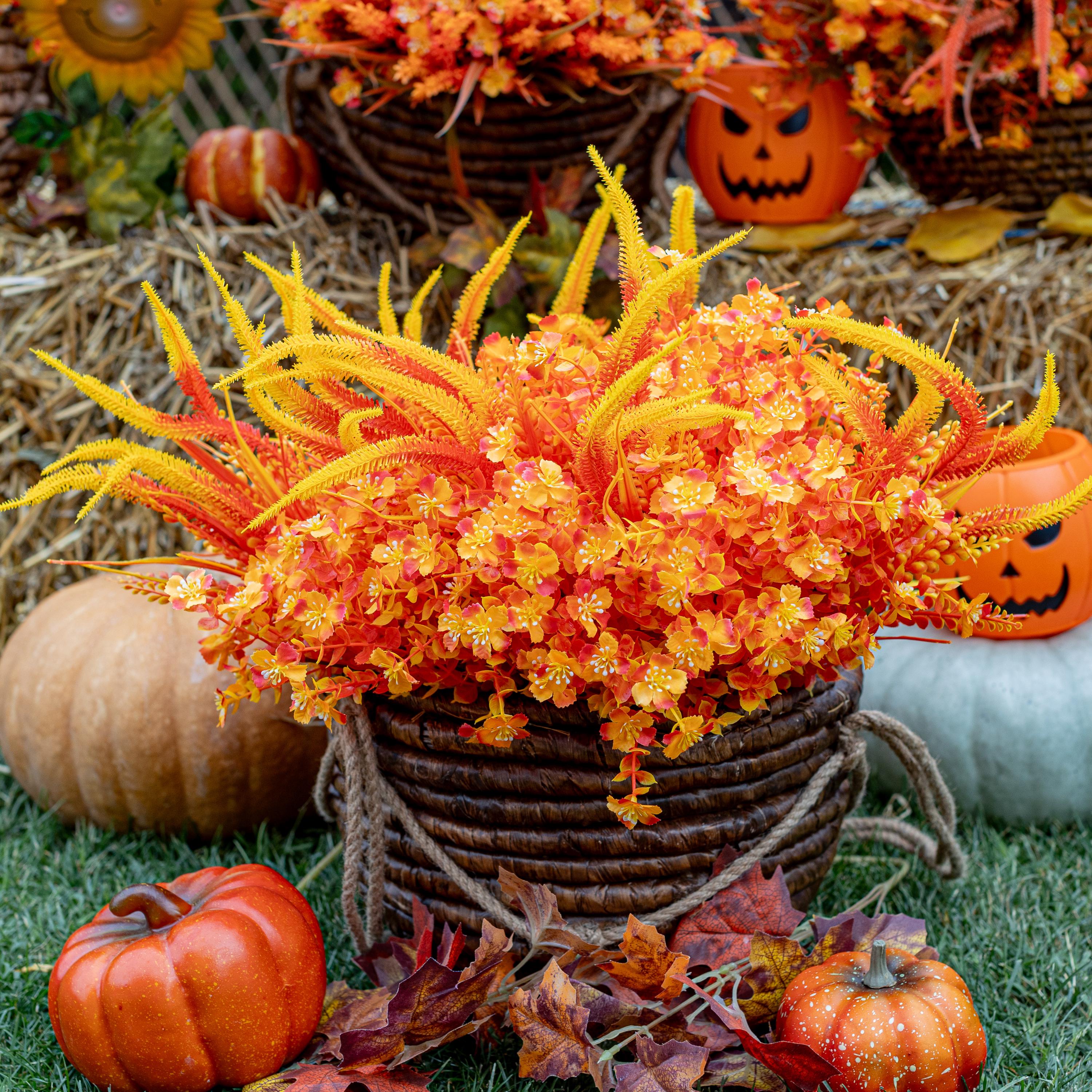 Artificial Mums Flowers: 16 Bundles Orange Yellow Fall Decor