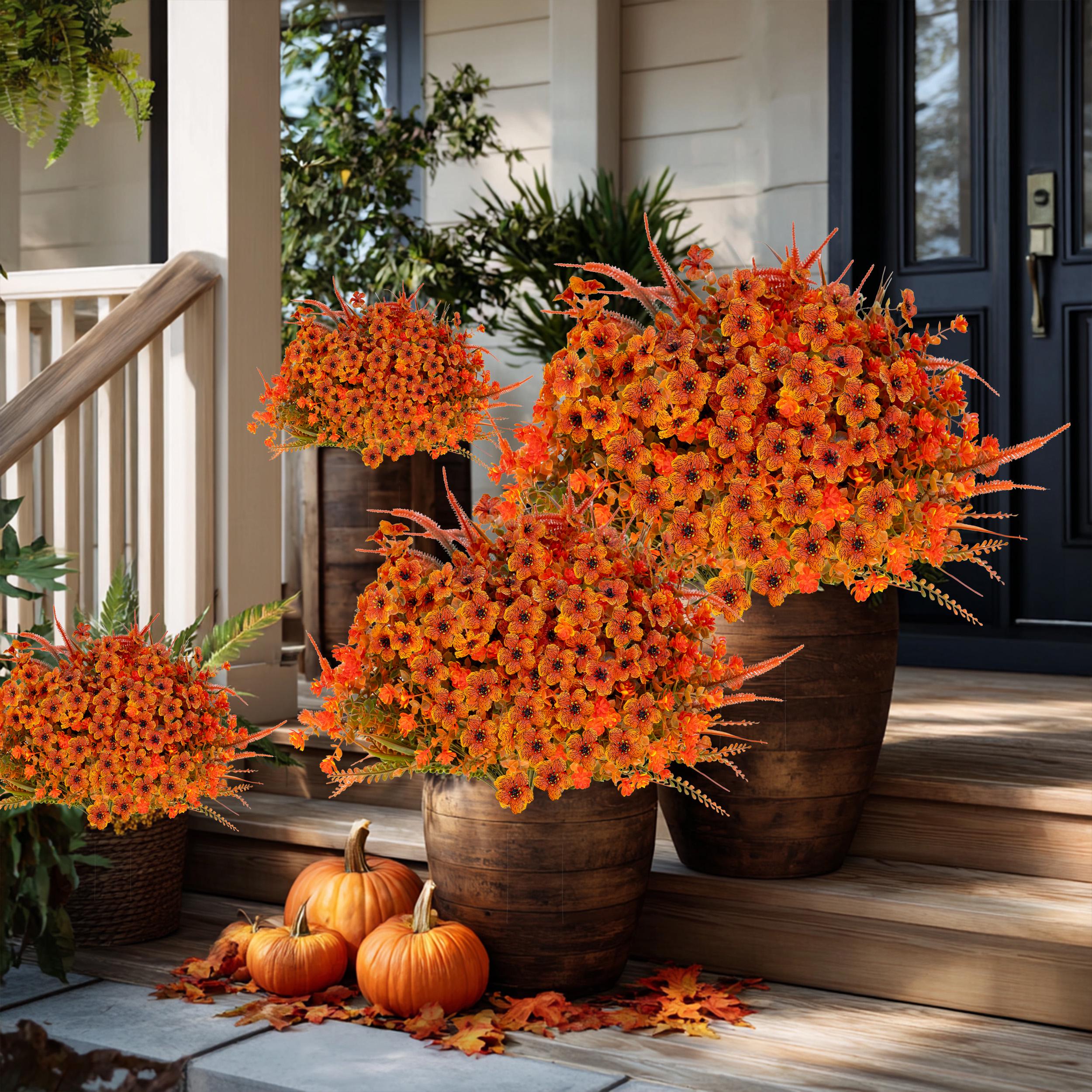 Artificial Mums Flowers: UV Resistant Outdoor Fall Decor - Orange & Green