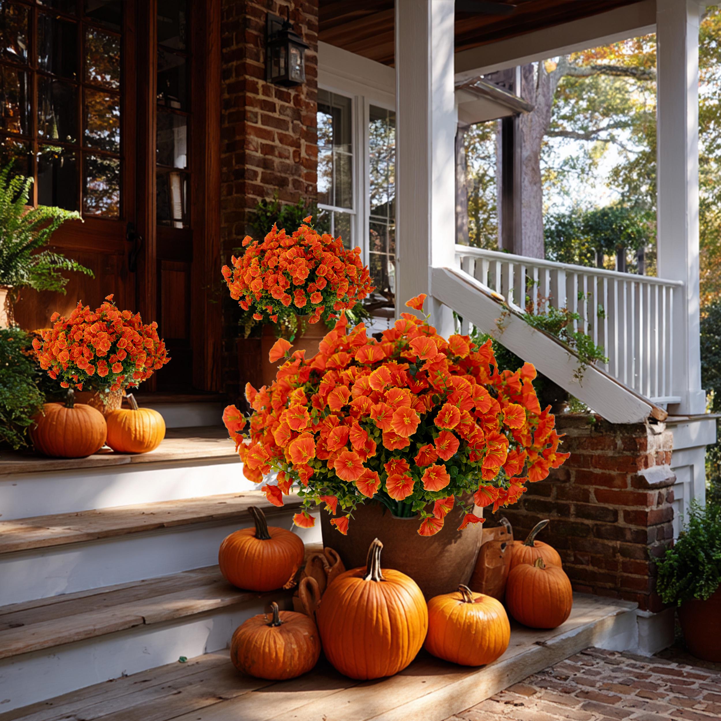 Artificial Mums Flowers: UV Resistant Outdoor Fall Decor - Orange Yellow