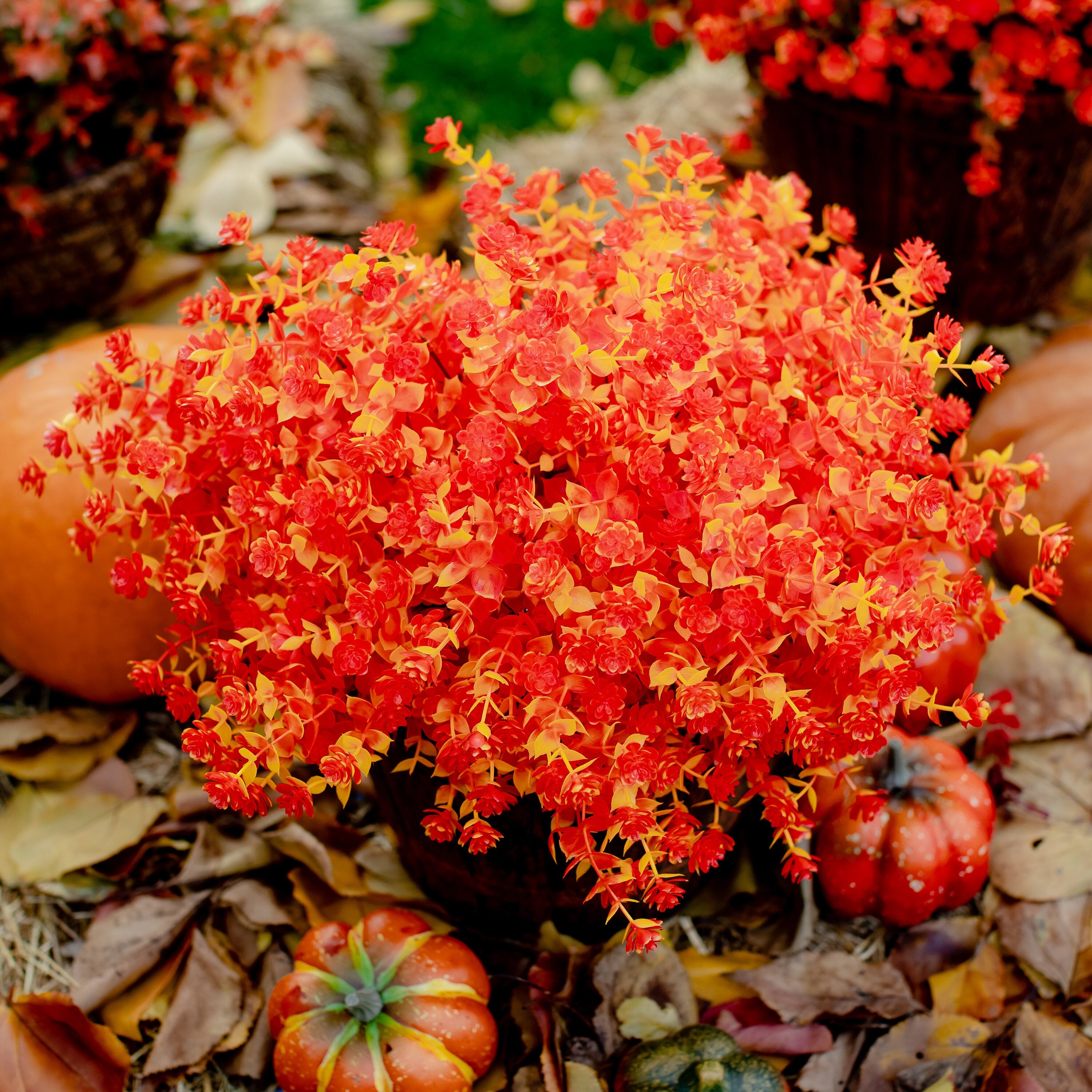 Artificial Mums Flowers: UV Resistant Orange & Yellow Outdoor Plants