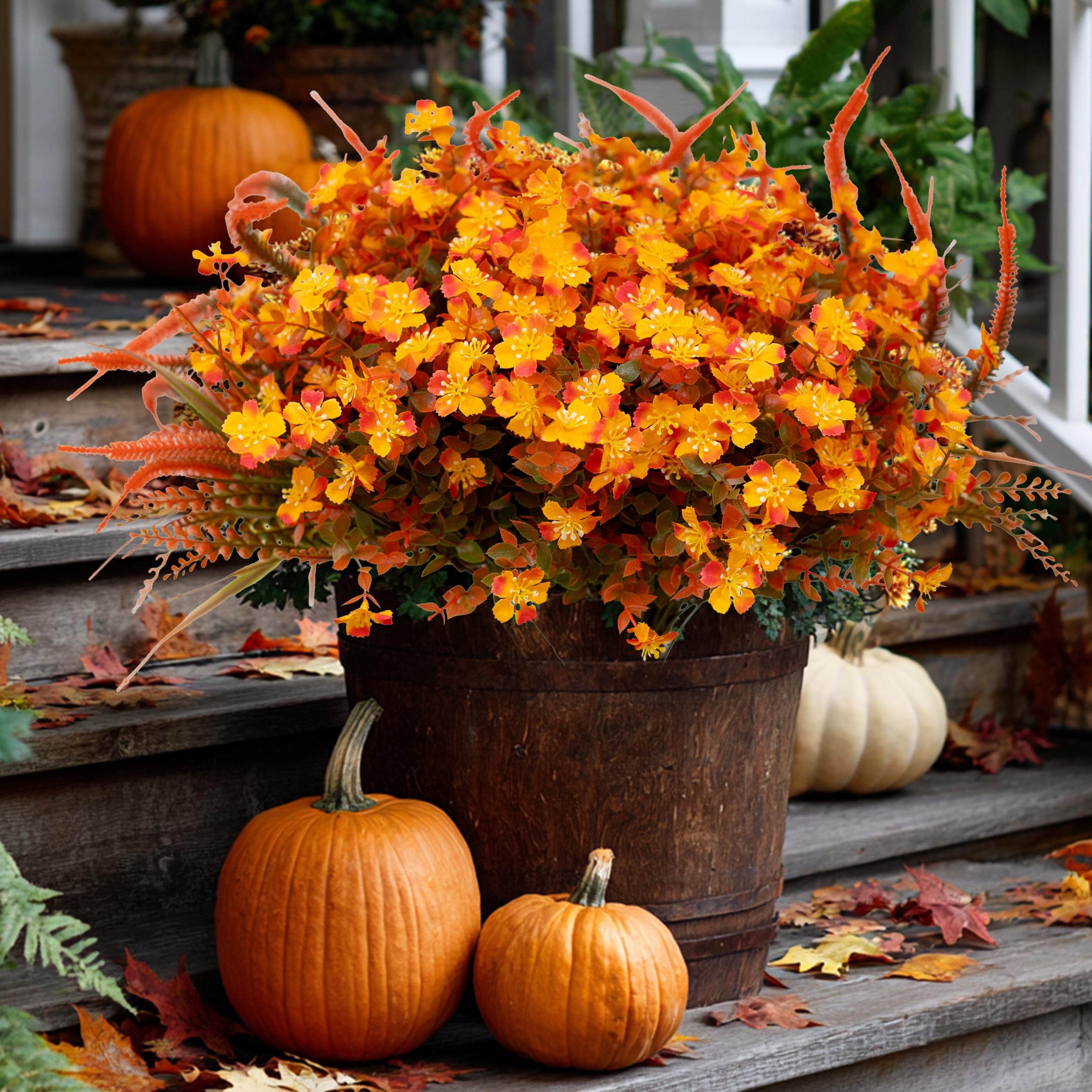 Artificial Mums Flowers: UV Resistant Outdoor Fall Decor - Orange & Green