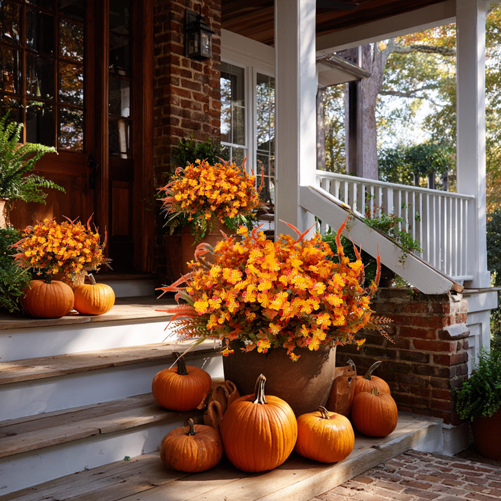 Artificial Mums Flowers: UV Resistant Outdoor Fall Decor - Orange & Green