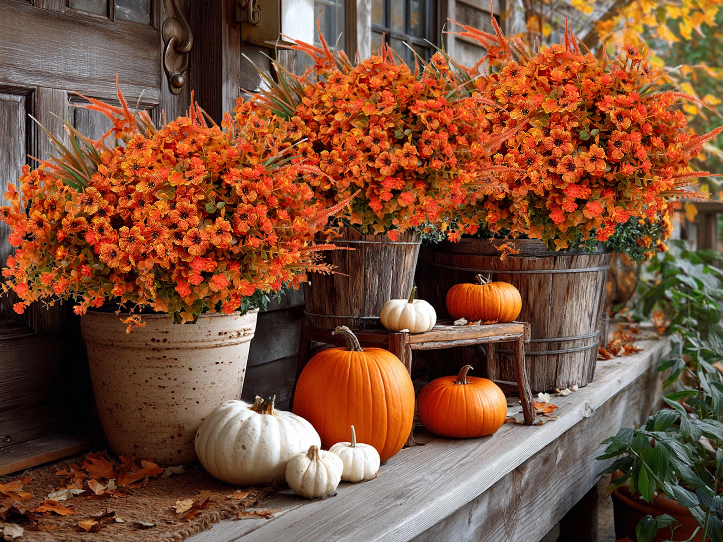 Artificial Mums Flowers: UV Resistant Outdoor Fall Decor - Orange & Green