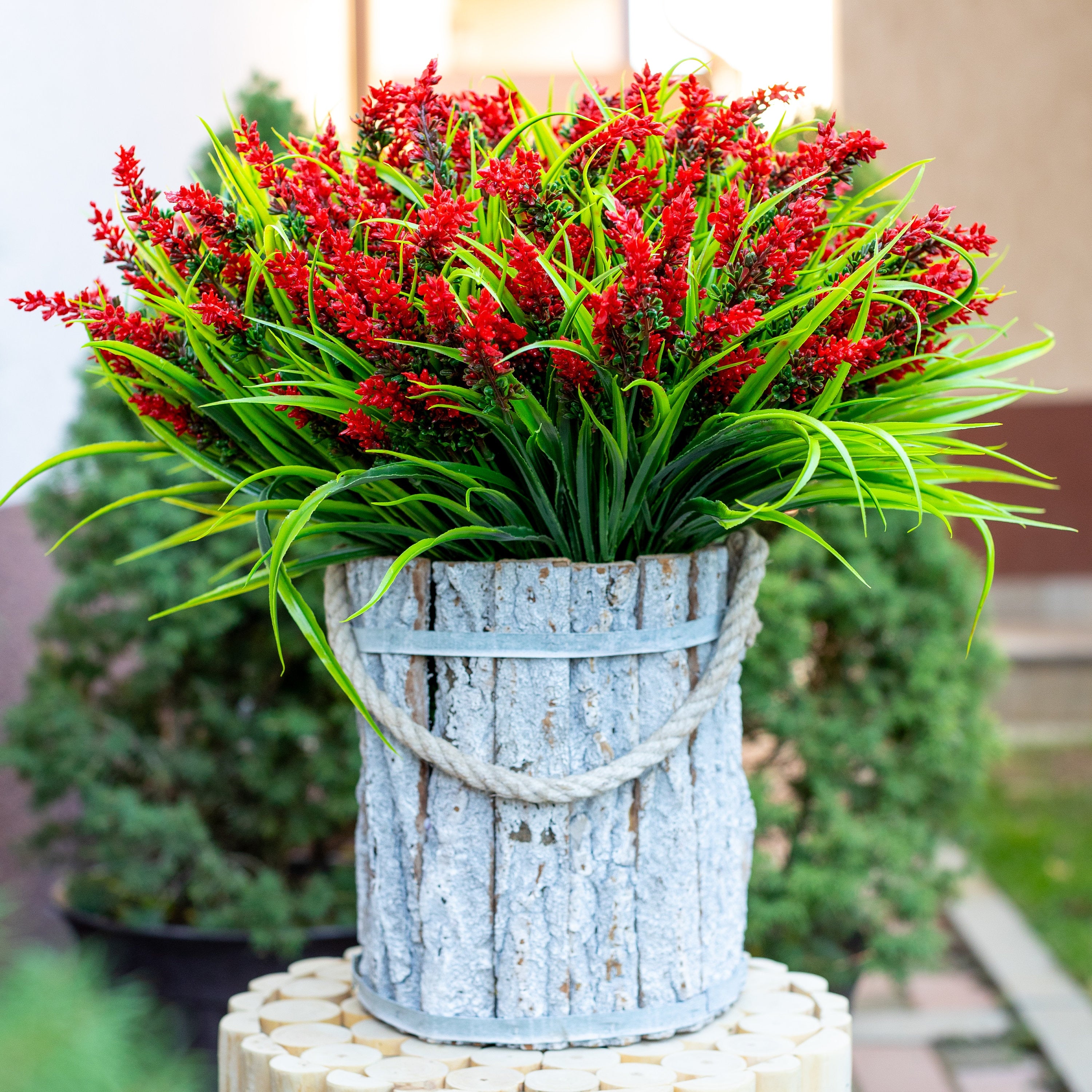 Red Artificial Lavender Flowers: UV Resistant Outdoor Faux Shrubs