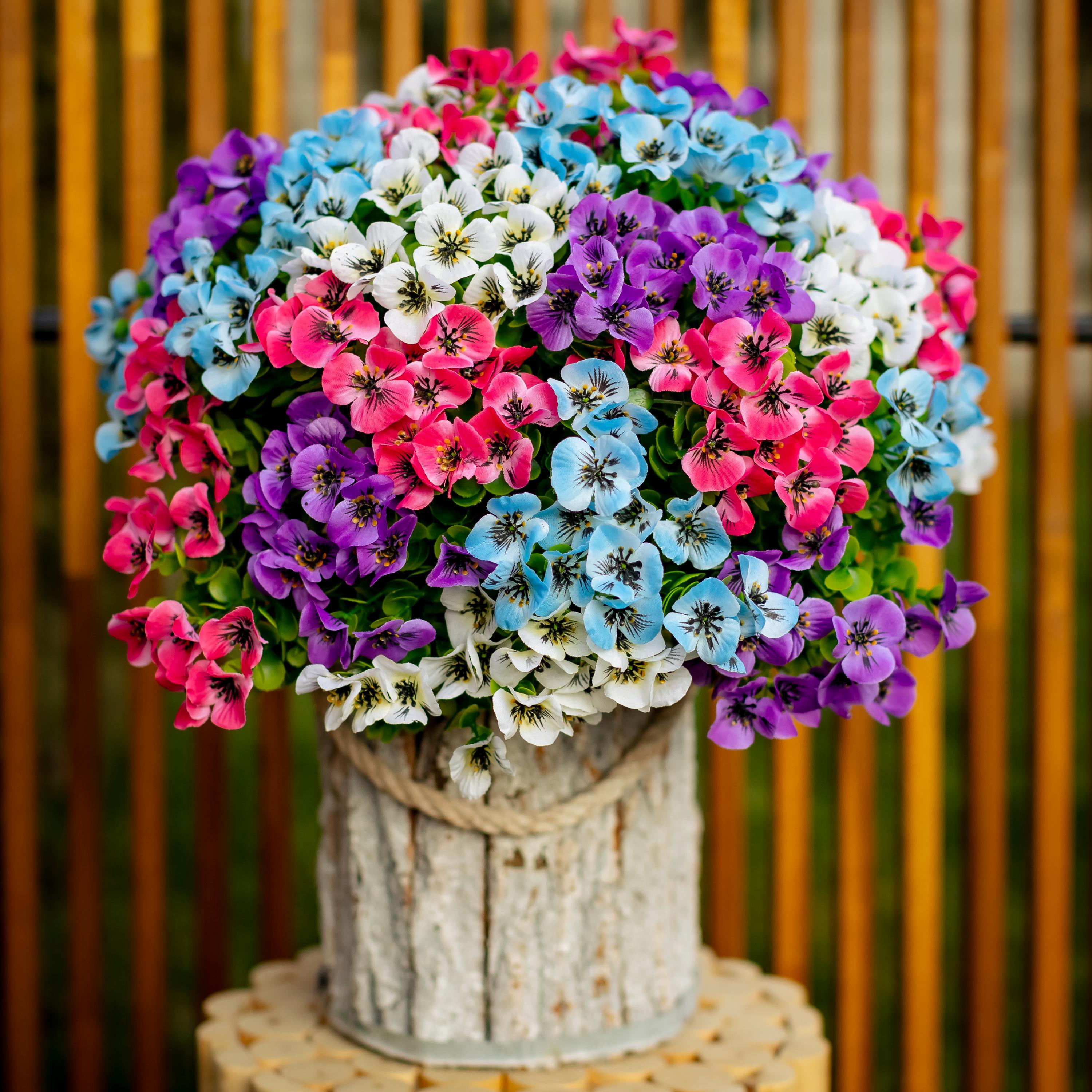 UV Resistant Artificial Pansies: Multi Color Faux Outdoor Flowers