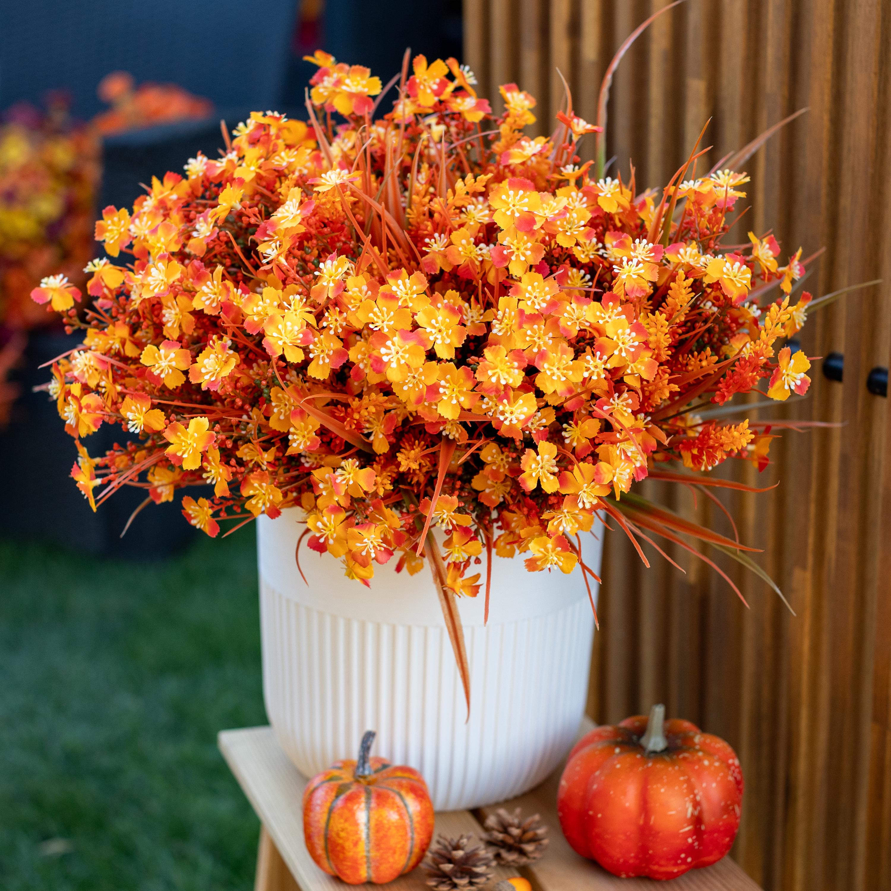 Artificial Mums Flowers: UV Resistant Orange Fall Decor, 16 Bundles