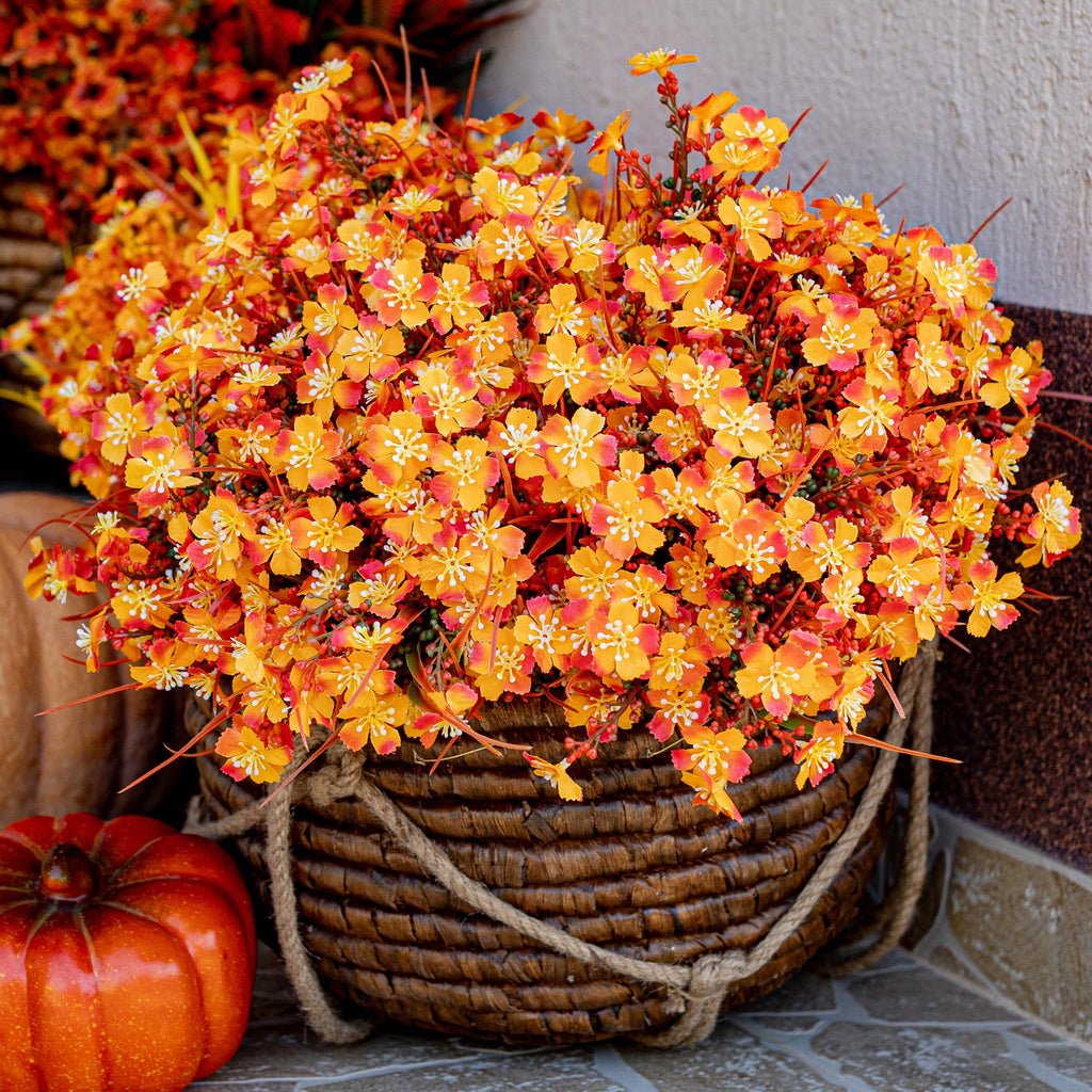 Artificial Mums Flowers: UV Resistant Outdoor Fall Decor - Orange & Green